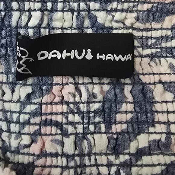 DAHUI Hawaii Smocked Waist Wide Leg Linen Hawaiian Print Pants Blue Pink L - Picture 3 of 4